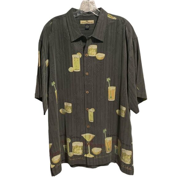 Men's L TOMMY BAHAMA Silk Martini Cocktail Novelty Print Shirt Short Sleeve Gray - Picture 1 of 7